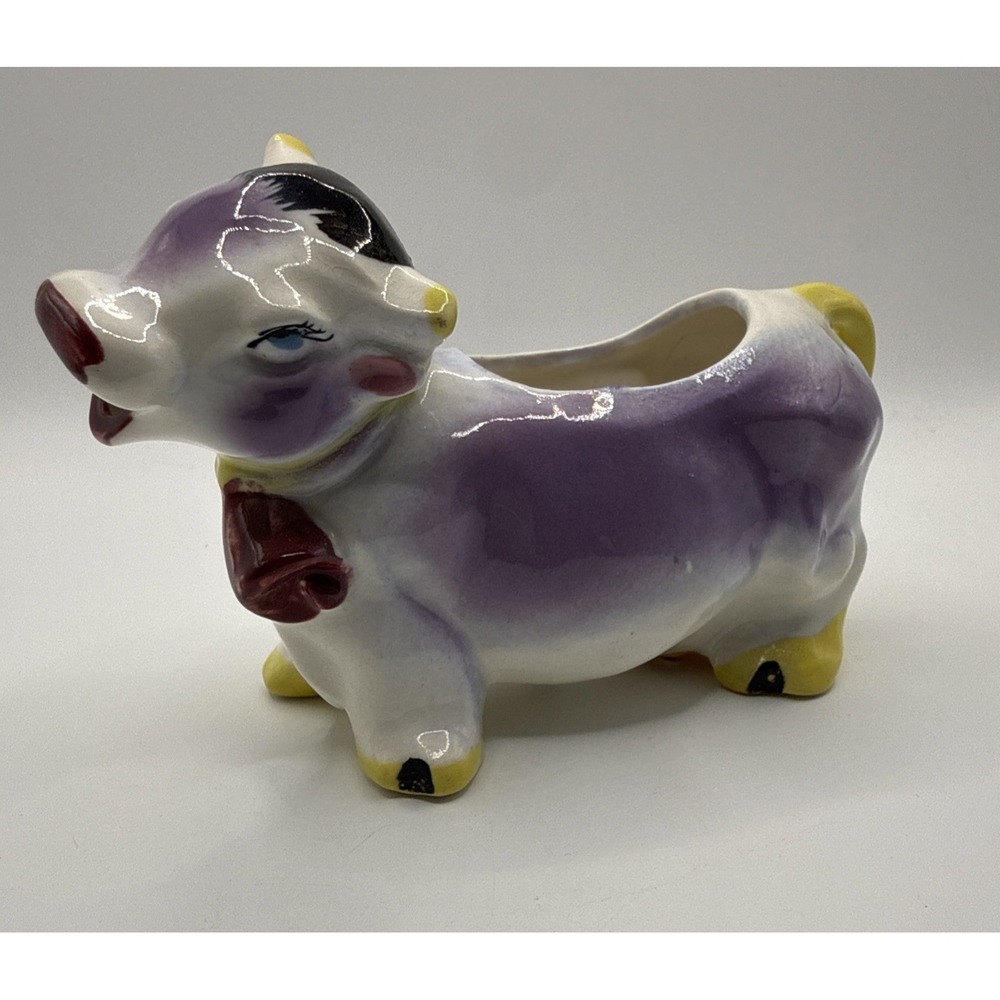 Vintage Colorful Ceramic Small Cow Figurine Creamer 5.2" x 2" x 3.3" tall, Japan